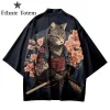 kimono chat japonais pour hommes et femmes, cardigan à motif de samouraï, vêtements traditionnels harajuku, vêtements de plage d'été haori