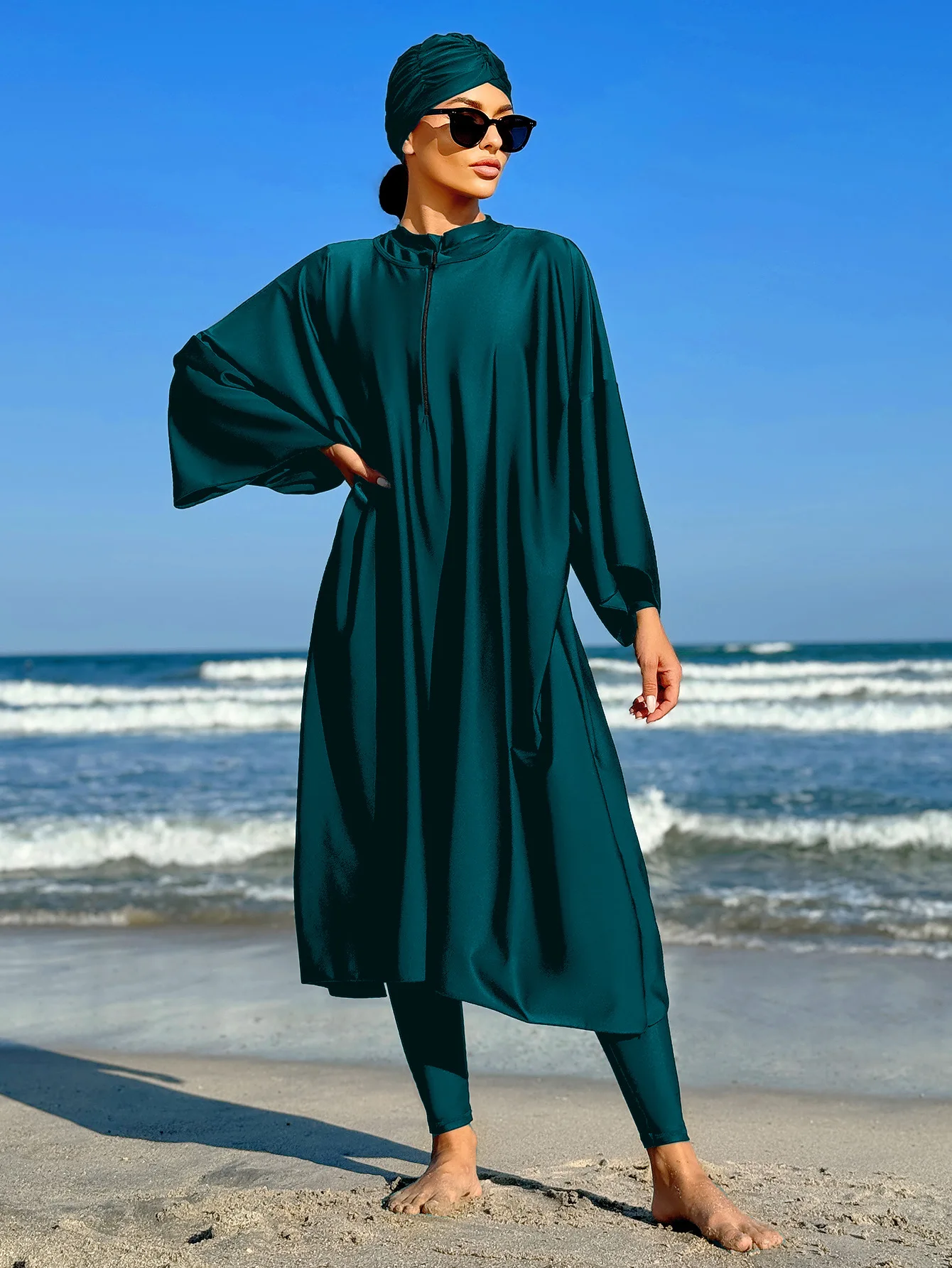 maillot de bain modeste burkini musulman tout couvert maillots de bain amples pour femmes couleur unie robe à manches longues et onesie maillots de bain avec hijab
