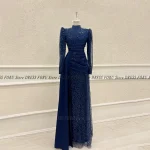 Robe de soirée scintillante longue de luxe pour femmes, manches longues, fête de mariage musulmane, longueur au sol, plissée, col haut, concours formel