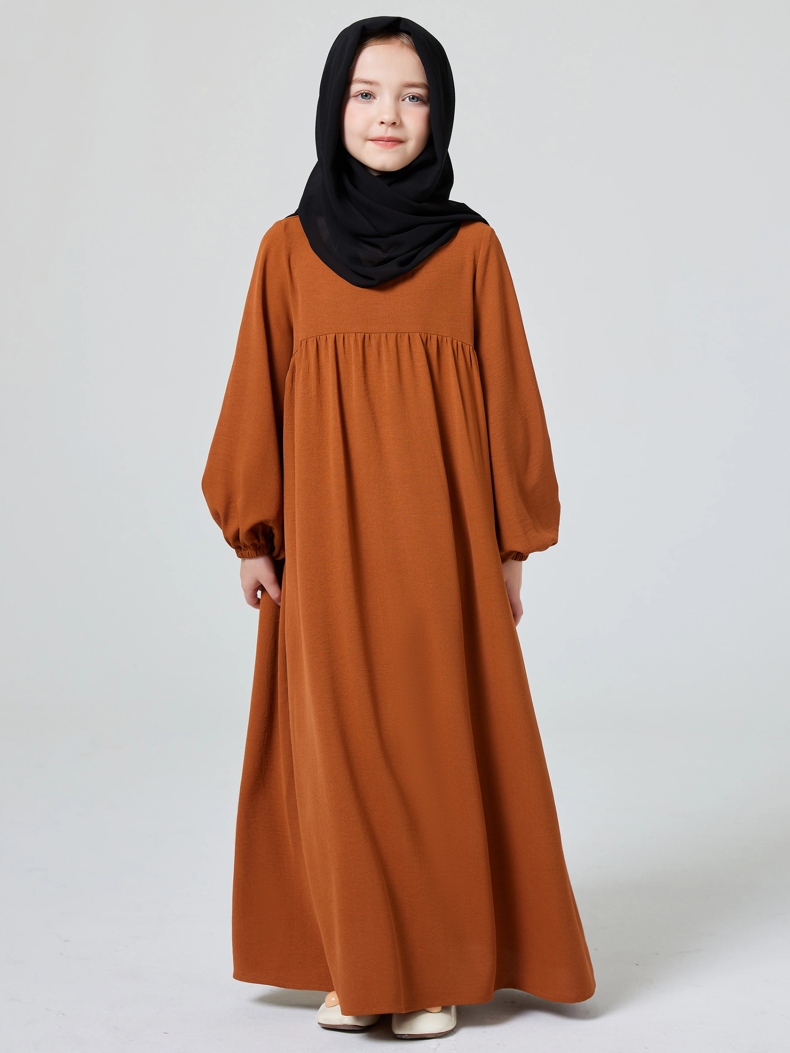 Enfants Abaya Ramadan musulman dubaï élégant fille solide col rond à manches longues caftan Kebaya robe pour fête prier cadeau