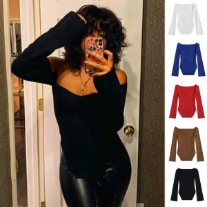 Pull tricoté à manches longues pour femmes, couleur unie, Sexy, noir africain, épaules dénudées, couche de Base, haut de couleur Pure, vêtements supérieurs féminins