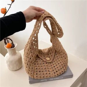 Sac à main tricoté à la main pour femmes, sac à bandoulière Simple kaki Beige bohème, réutilisable, Style japonais, sac de voyage décontracté