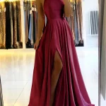 Robe de plage Maxi en Satin bordeaux pour femmes, pour noël, Sexy, fente latérale, bretelles réglables, robe de bal de soirée, robes de demoiselle d&rsquo;honneur bon marché