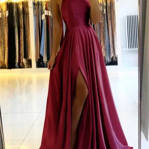 Robe de plage Maxi en Satin bordeaux pour femmes, pour noël, Sexy, fente latérale, bretelles réglables, robe de bal de soirée, robes de demoiselle d&rsquo;honneur bon marché