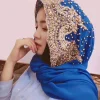 hijab musulman en mousseline de soie pour femme, longue Écharpe perlée, avec diamants dorés et paillettes, à la mode, turban uni