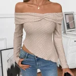 Haut en tricot côtelé Beige pour femme, épaules dénudées, manches longues, ourlet asymétrique, élégant pour fête et Styles décontractés, pull, vêtements Y2K