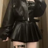 y2k – ensemble deux pièces en cuir noir pour femmes, harajuku punk high street, robe gothique sexy pour moto, veste à fermeture éclair, jupe plissée