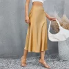 jupes en satin pour femmes, style coréen, champagne, bureau, taille haute, ligne a, mode élégante, couleur unie, longue jupe crayon, soie comme