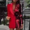 paillettes patchwork blazer robe femmes mode sexy à manches longues revers col col en v double boutonnage long manteau robe de cocktail