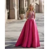 robe de soirée exquise personnalisée, col en v, ligne a, longueur au sol, robe de bal fuchsia, avec des appliques en satin avec poche