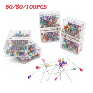 Épingles à coudre à tête de perle longue, 50/80/100 pièces, épingle droite de couleur en forme de poire pour bricolage, artisanat, aiguille de Quilting, couturière, outils de couture