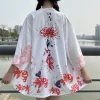 Haori Obi – manteau Yukata pour femmes, imprimé floral japonais, ceinture de plage, Kimono blanc, vêtements traditionnels, vêtements d&rsquo;extérieur
