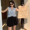 gilet brodé pour femmes, veste en crochet à fleurs, tricot ouvert, sans manches, boutonné, haut court, tenue de vacances d'été boho