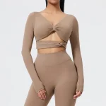 Soutien-gorge de sport à manches longues, beau dos avec nombril exposé, coupe ajustée, haut de costume de course et de Fitness en plein air