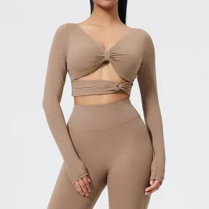 Soutien-gorge de sport à manches longues, beau dos avec nombril exposé, coupe ajustée, haut de costume de course et de Fitness en plein air
