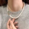 micro ensemble français élégant en zircon, boucle ronde, imitation de perles, collier de perles pour femmes, bijoux de tempérament, accessoires doux