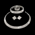 Ensemble de bijoux de mariée à 3 rangées, collier, boucles d&rsquo;oreilles, strass, Bracelet en argent, accessoires de mariage