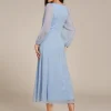 ever pretty robe de soirée bleu ciel, tenue de soirée élégante, col en v profond, manches longues, longueur genou, mousseline brillante, robes d'bélées de mariage, 2025
