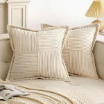 Housses de coussin beiges en velours côtelé, rayures Boho, épissage texturé, housses de coussin douces pour canapé, décoration d&rsquo;intérieur, 18×18 po