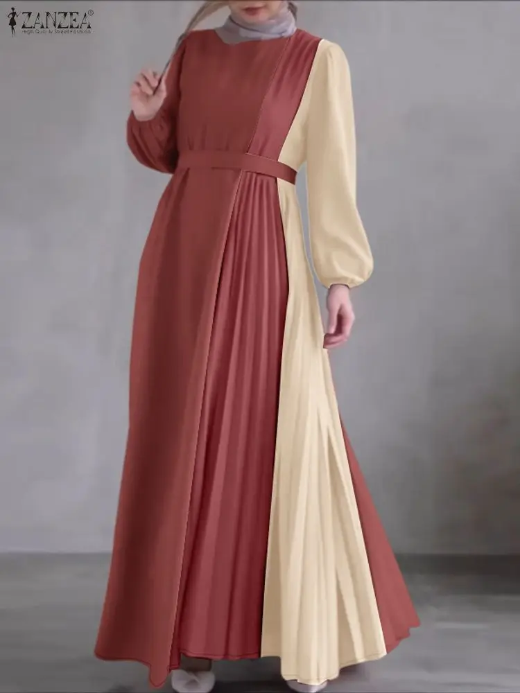 zanzea hijabs femmes robes longues plissées modeste contraste couleur à manches longues ceinturée a ligne robe maxi abaya robes vêtements musulmans
