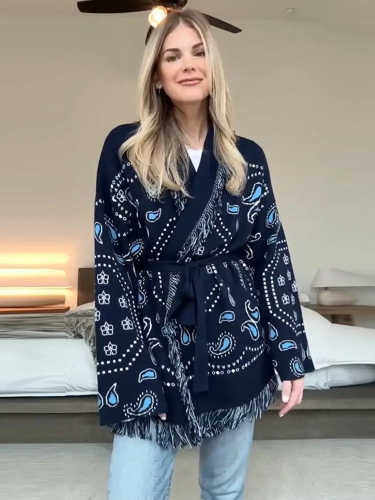 manteaux à pampilles en jacquard pour femmes, ceinture à lacets, col en v, châle, cardigan, taille cintrée, hauts trapèze, mode automne, nouveaux vêtements féminins