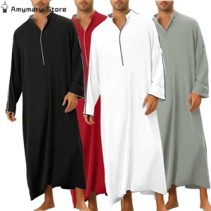 Robe caftan musulmane pour hommes, manches longues, arabe, islamique, document solide, Maxi, Abaya, Jubba, Thobe, Moyen-Orient, Dubaï