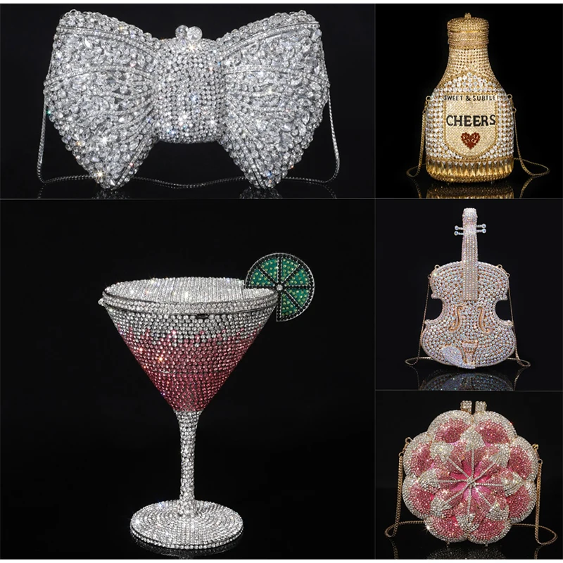 pochette de luxe haut de gamme, nouvelle mode, exquise, brillante, bouteille de champagne, nœud en strass, chaîne en cristal, cadeau, pochette de fête