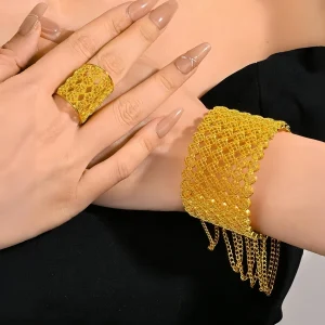 Ensemble de bijoux de dubaï pour femmes, couleur or jaune, rond, creux, en alliage, Bracelets larges, bagues, bracelet de déclaration africaine avec chaînes