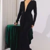 robe longue à paillettes pour femmes, décolleté en v profond, sexy, manches longues, fendue, froncée, slim, élégante, couleur unie, robes de soirée