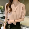 chemise élégante à lacets avec nœud de couleur unie, chemisier professionnel à manches longues, assorti à tout, chemisiers amples en mousseline de soie pour femmes, bureau
