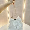 Pochette de mariée élégante et tendance, nœud en Satin blanc/or, sac à main de soirée, chaîne, sangle d&rsquo;épaule, poignée en métal, bourse de mariage pour dames