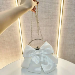 Pochette de mariée élégante et tendance, nœud en Satin blanc/or, sac à main de soirée, chaîne, sangle d&rsquo;épaule, poignée en métal, bourse de mariage pour dames
