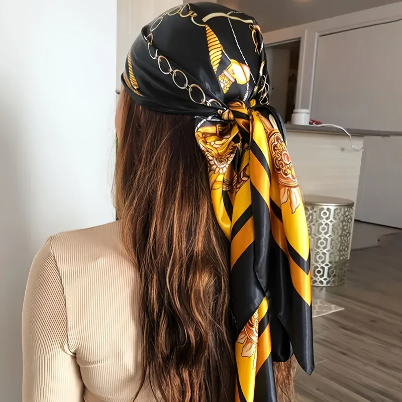 foulard carré en satin pour femmes musulmanes, hijab élégant, imprimé 2025, foulard en soie, châle, bandeau, poignée, accessoires pour cheveux, bandana