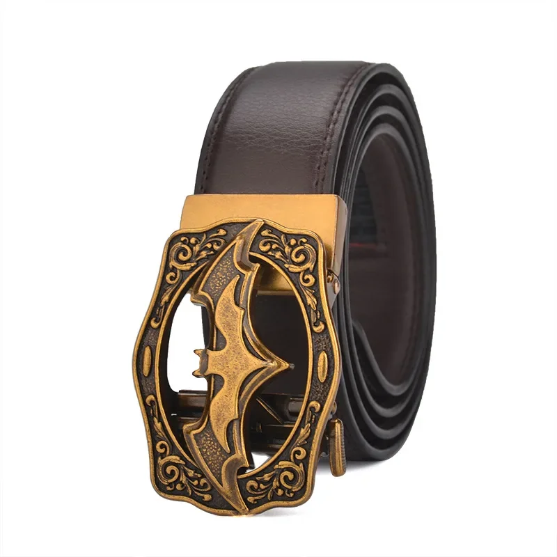 Ceinture à boucle automatique Vintage chauve-souris argent or pour hommes en cuir véritable grande taille grand 130 140 150 160 170cm marron noir ceintures 2024