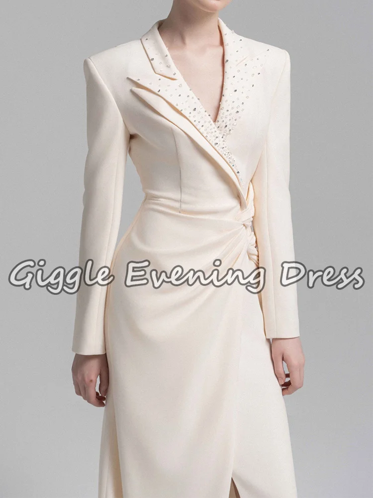 robe de soirée élégante en crêpe à manches longues pour femmes, drapée à revers perlé, robe maxi formelle, dubaï abaya, robe d'invitées de mariage personnalisée