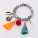 Bracelets bohème faits à la main pour femmes, bijoux en alliage de perles de bois colorées, tuyau, pompon, pendentif étoile, Bracelet à breloques