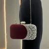 vin rouge noir velours pochette fine chic diamant poignée en métal sacs à main pour les femmes bal fête chaîne sacs à bandoulière dames sac de soirée