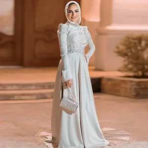 Robe de soirée musulmane en Satin personnalisée, col haut, manches longues, perles, cristal plissé, ligne a, robe de bal, robe de soirée d&rsquo;arabie saoudite