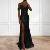 robe de rhélégante à paillettes avec fente latérale pour banquets, robe maxi à col en v, tenue de fête, rh, mariages, off initiated