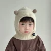bébé écharpe chapeau une pièce tricoté casquette chaud mignon double boule de cheveux enfants oreille protection casquettes coréen garçons filles enfant coupe vent chapeaux