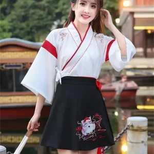 Robe Kimono japonaise pour femme, jupe brodée de chat noir et blanc, vêtements Vintage asiatiques, costume harajuku de Cosplay Anime de fête du Yukat
