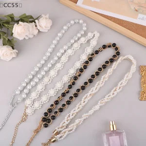 maveraCC55 ChaveiroElegant femmes perle ceinture taille chaîne élastique boucle perle chaîne ceinture femme vêtements accessoires