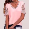 lâche col en v à manches courtes dentelle patchwork blouse femmes t shirt style décontracté haut bureau dame élégant simple à manches courtes pull t shirt
