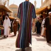 nouveaux hommes islam qamis robes rayées musulmanes à manches longues boutonné caftan arabe costume moyen orient dubaï abaya été homme vêtements