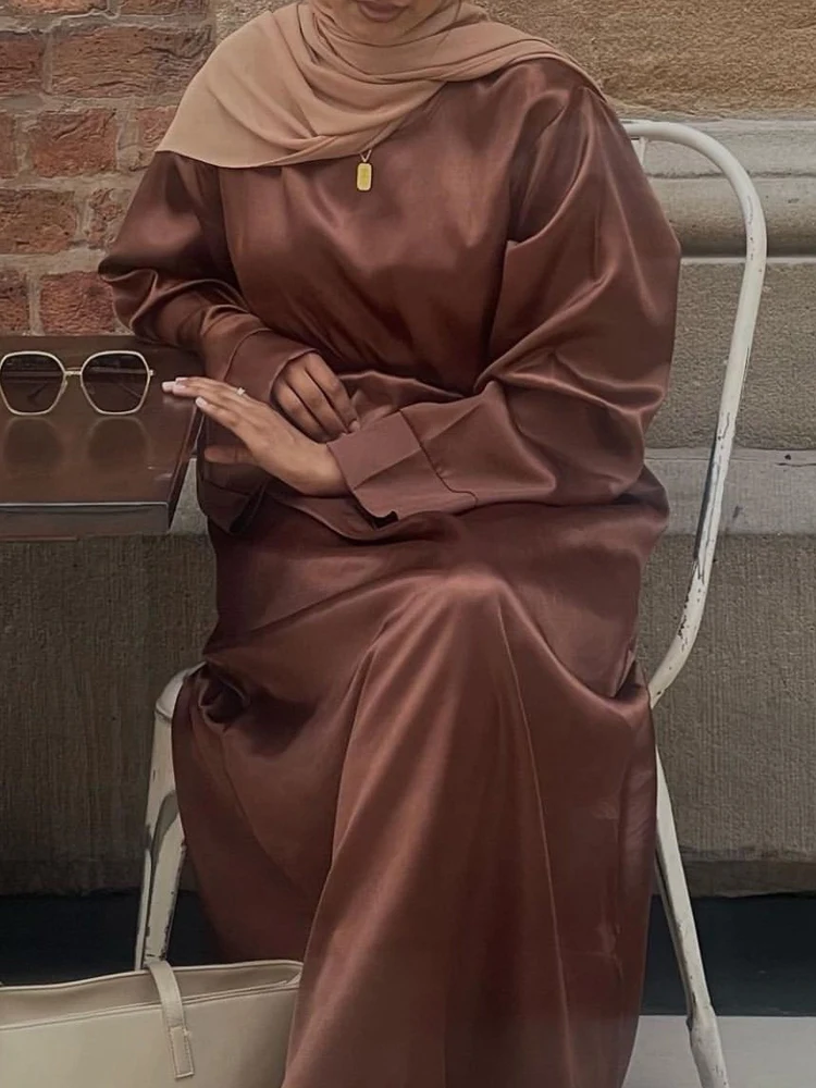 robe abaya en satin uni pour femmes musulmanes, poches latérales, manches larges, vêtements islamiques de dubaï et de turquie, robe modeste pour le ramadan