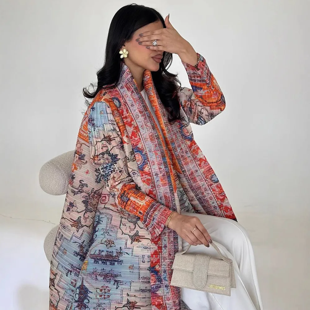 abaya miyake plissé imprimé robe veste arabe dubaï style femmes à manches longues conservateur recat musulman trench coat 55 pouces