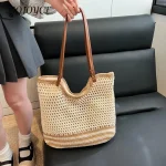 Sac à main tissé pour femmes, fourre-tout décontracté de grande capacité, couleur unie, sac tressé ajouré, sac de voyage de plage d&rsquo;été