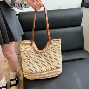 Sac à main tissé pour femmes, fourre-tout décontracté de grande capacité, couleur unie, sac tressé ajouré, sac de voyage de plage d&rsquo;été