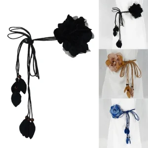 Ceinture de taille auto-cravate pour femmes bohème bord de mer tressé robe ceinture avec fleur tressée ceinture fine noeud coloré Vintage