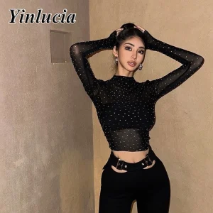 T-shirt élastique à paillettes brillantes pour femmes, haut nombril, chemisiers Sexy en maille, chemise de protection solaire, pull pour bébés chauds, vêtements de rue Y2K